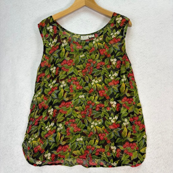 Tops - Vintage Cherry Print Sheer Rayon Tank Top Womens L Cherrycore Garden Fruit Retro